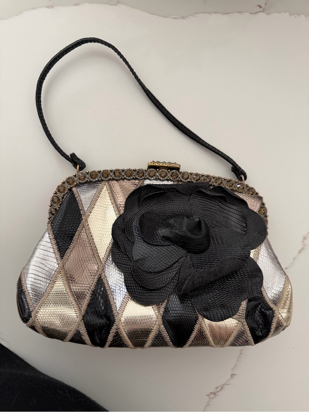 Valentino Metallic Lizard Embossed Leather Crystal Embellished Bag